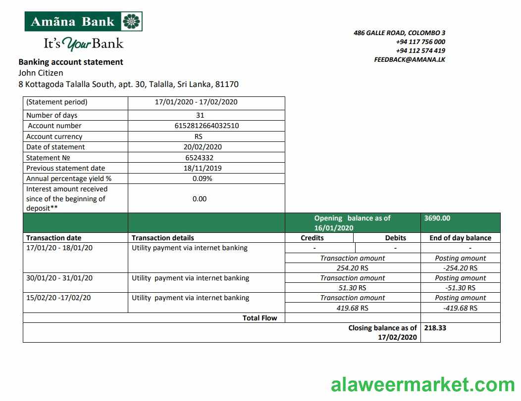 Sri Lanka Amana bank proof of address statement template in Word and PDF format